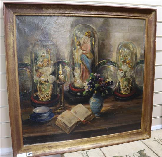 Alfred Joseph Auguste Van Neste (1874-1969), oil on canvas, Still life with icon, signed lower right, 75 x 81cm